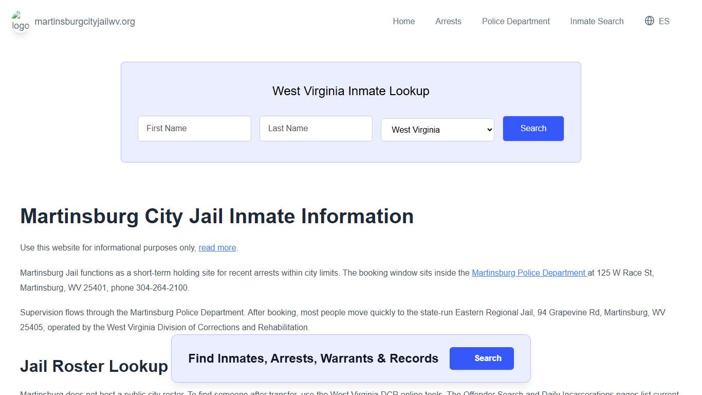 Martinsburg Jail, WV Inmate Roster, Municipal Jail Info